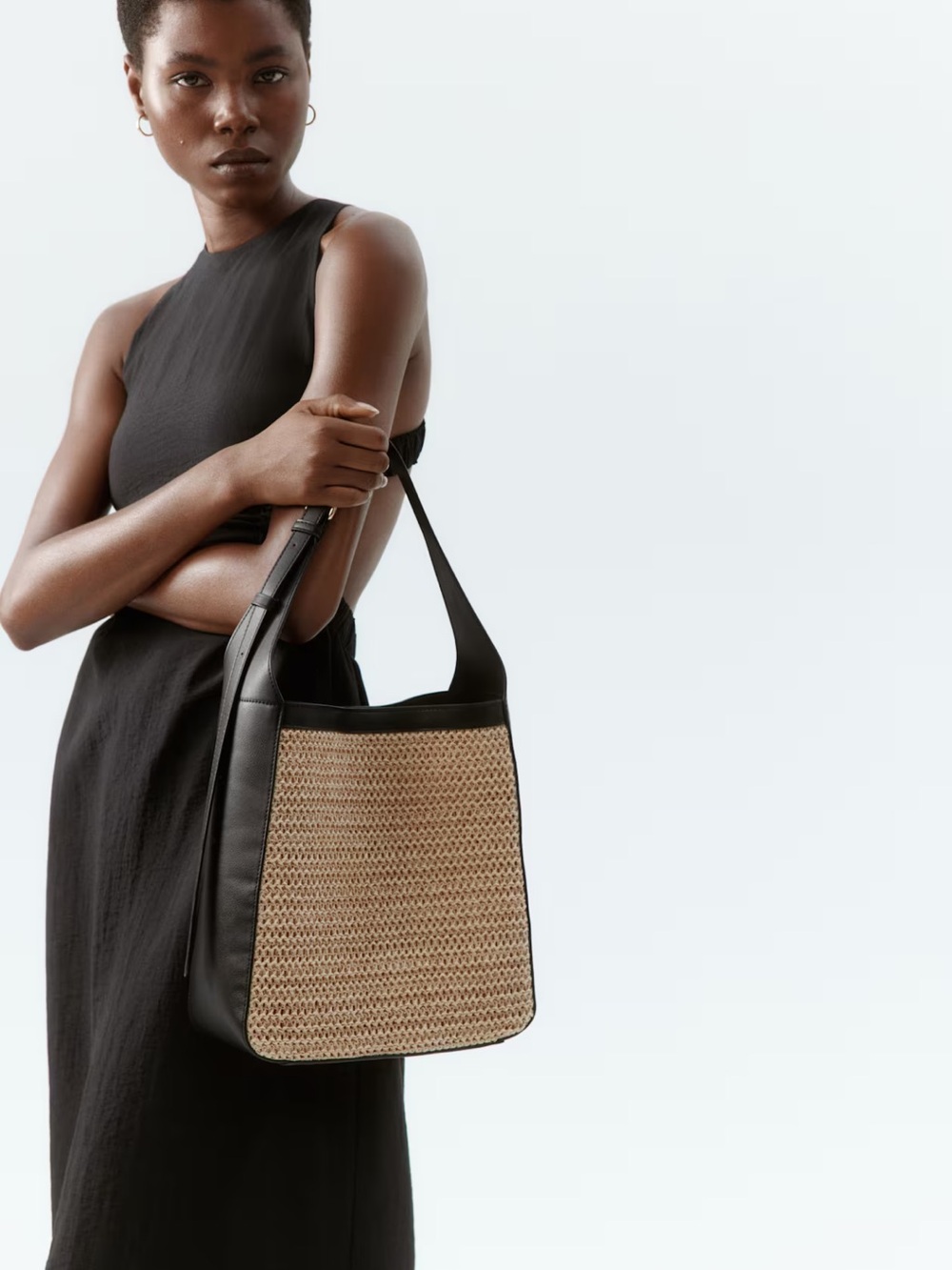 H&M Black and Natural Woven Shoulder Bag